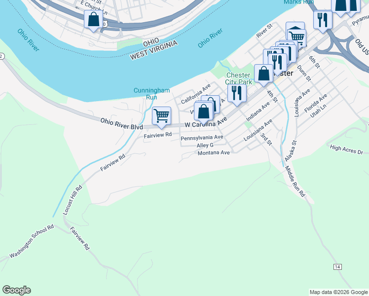 map of restaurants, bars, coffee shops, grocery stores, and more near 104 Alley G in Chester