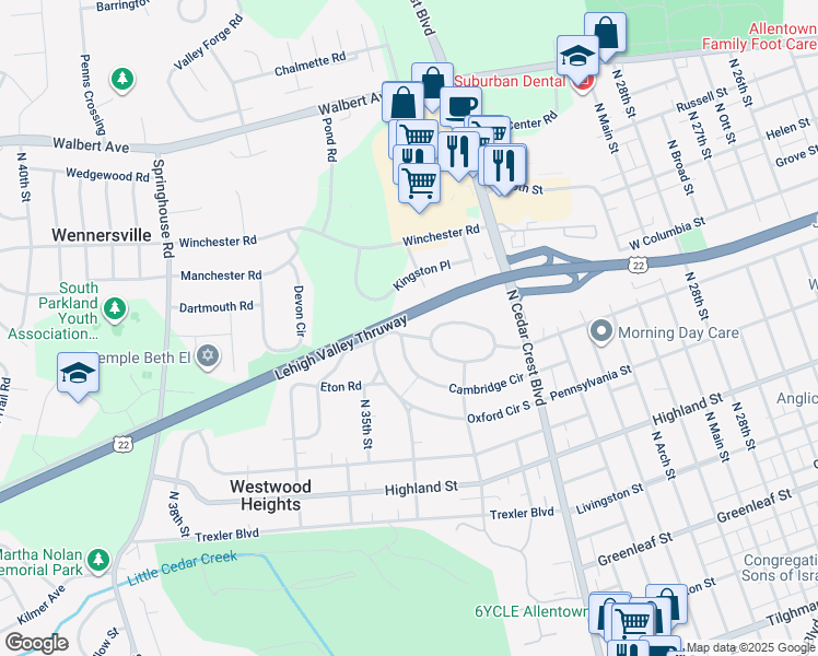 map of restaurants, bars, coffee shops, grocery stores, and more near 3407 Edinburgh Road in Allentown