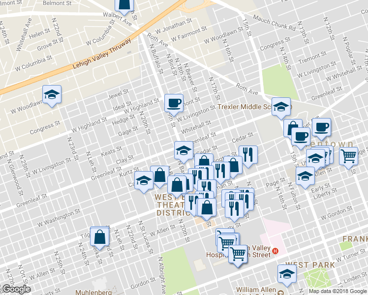 map of restaurants, bars, coffee shops, grocery stores, and more near 849 North 19th Street in Allentown