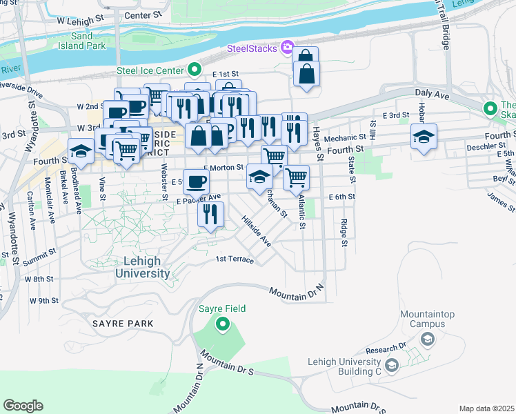 map of restaurants, bars, coffee shops, grocery stores, and more near 630 Pierce Street in Bethlehem