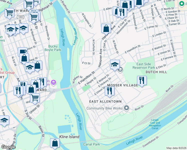 map of restaurants, bars, coffee shops, grocery stores, and more near 228 East Hamilton Street in Allentown
