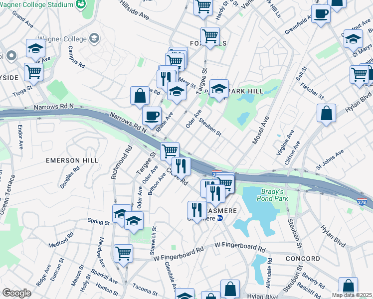 map of restaurants, bars, coffee shops, grocery stores, and more near 429 Narrows Road South in Staten Island