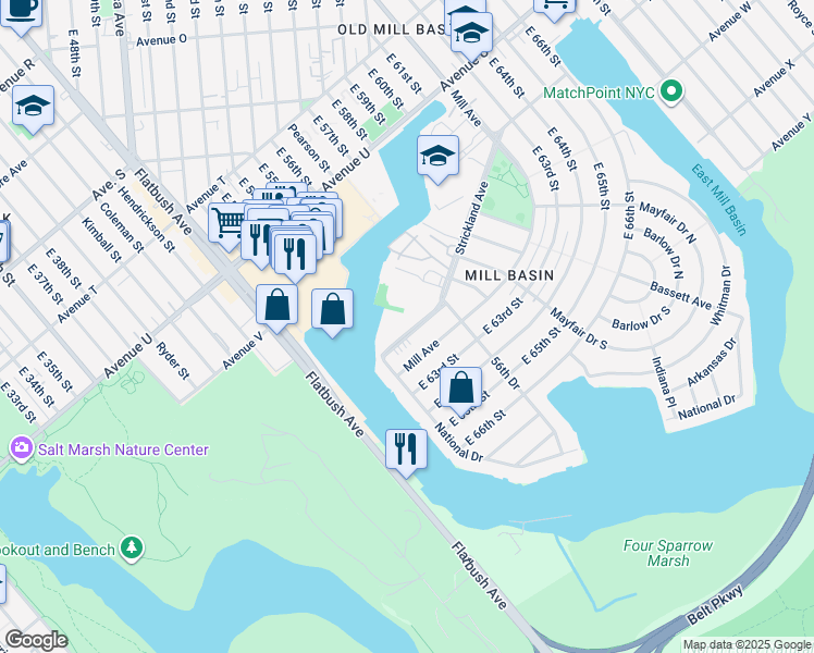 map of restaurants, bars, coffee shops, grocery stores, and more near 5923 Strickland Avenue in Brooklyn