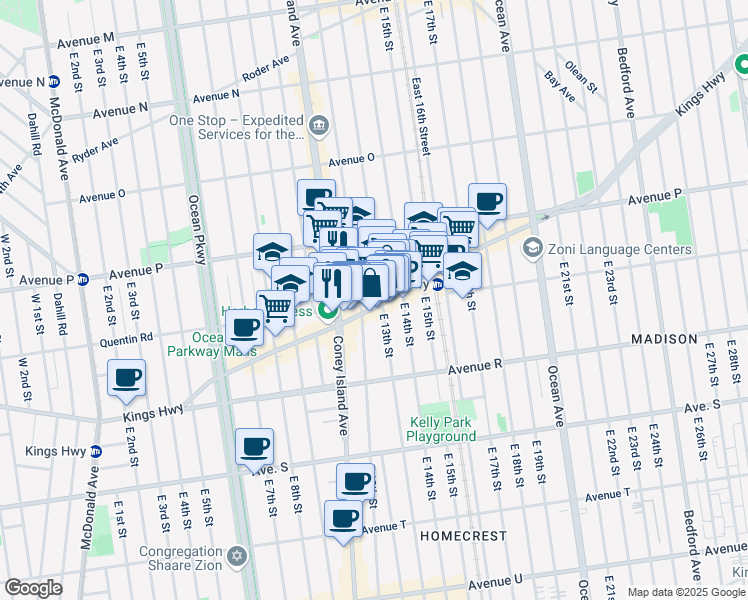 map of restaurants, bars, coffee shops, grocery stores, and more near 1209 Quentin Road in Brooklyn