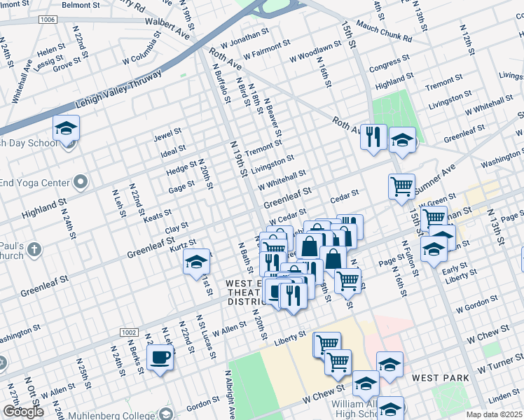 map of restaurants, bars, coffee shops, grocery stores, and more near 849 North 19th Street in Allentown