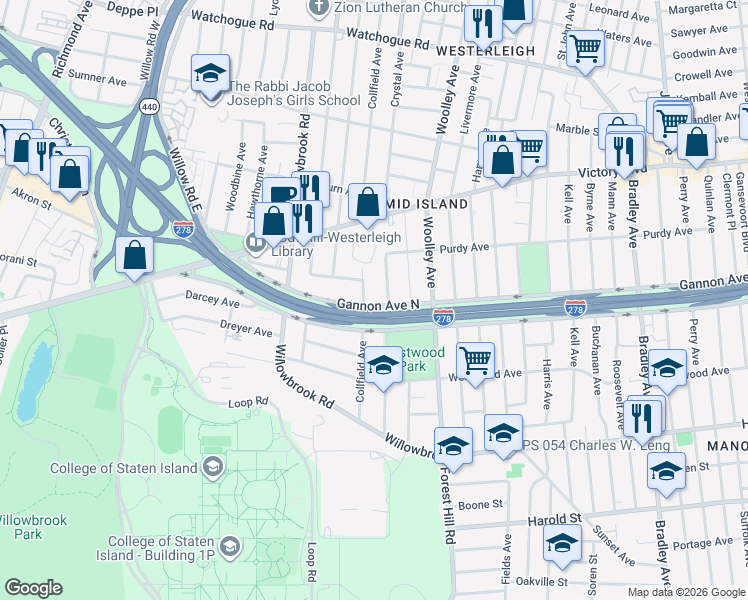 map of restaurants, bars, coffee shops, grocery stores, and more near 433 Gannon Avenue North in Staten Island
