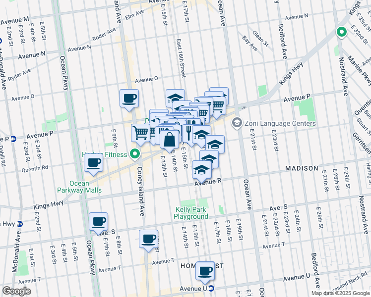 map of restaurants, bars, coffee shops, grocery stores, and more near 1683 East 15th Street in Brooklyn