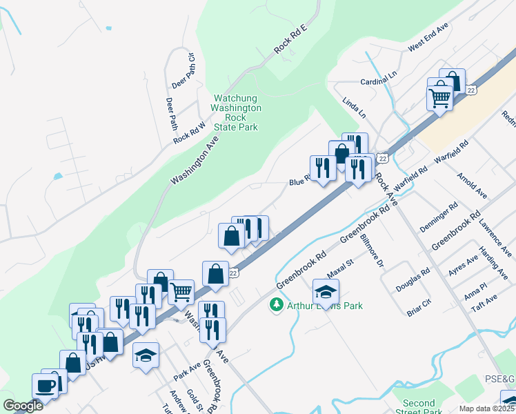 map of restaurants, bars, coffee shops, grocery stores, and more near 36 Blue Ridge Avenue in Green Brook Township