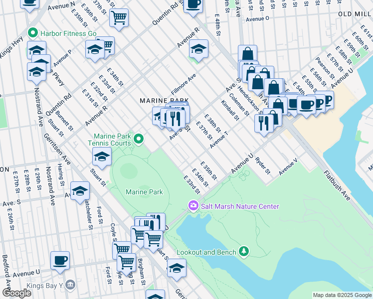 map of restaurants, bars, coffee shops, grocery stores, and more near 2040 East 34th Street in Brooklyn