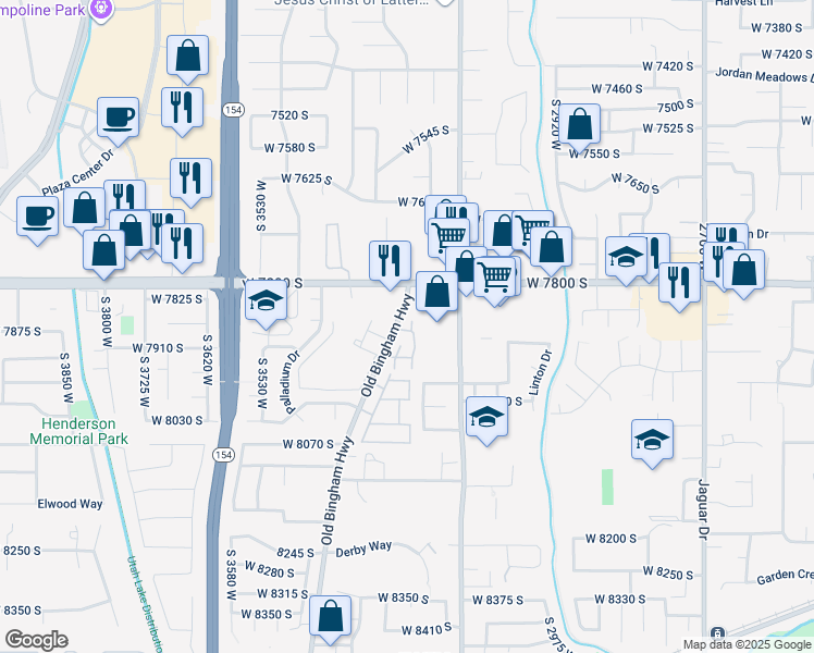 map of restaurants, bars, coffee shops, grocery stores, and more near 7889 Old Bingham Highway in West Jordan