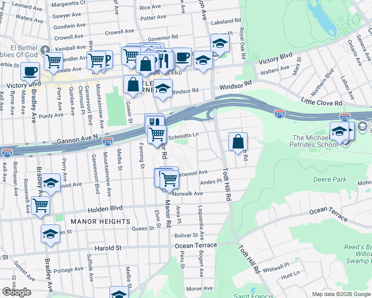 map of restaurants, bars, coffee shops, grocery stores, and more near 204 Schmidts Lane in Staten Island