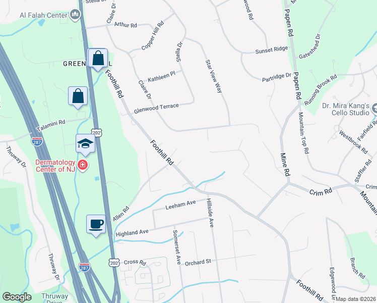 map of restaurants, bars, coffee shops, grocery stores, and more near 662 Foothill Road in Bridgewater Township