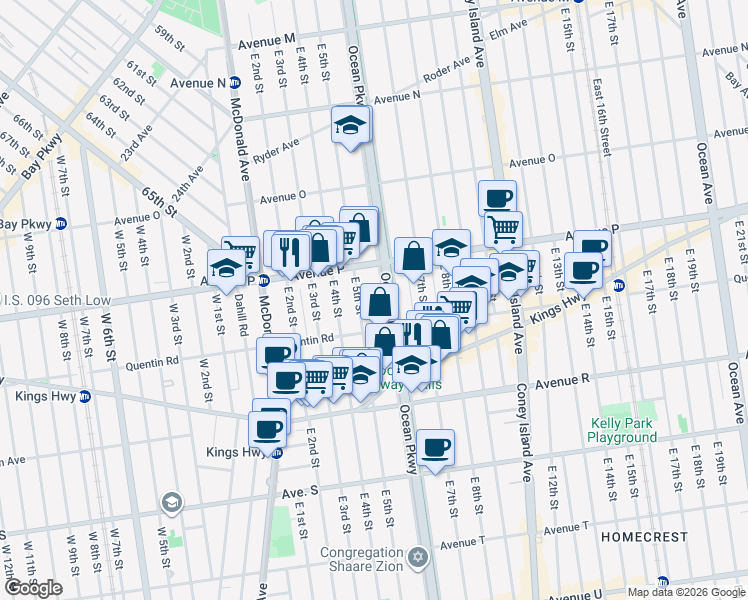 map of restaurants, bars, coffee shops, grocery stores, and more near 1650 Ocean Parkway in Brooklyn