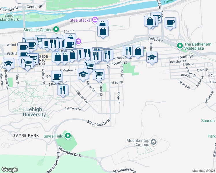 map of restaurants, bars, coffee shops, grocery stores, and more near 628 Hayes Street in Bethlehem