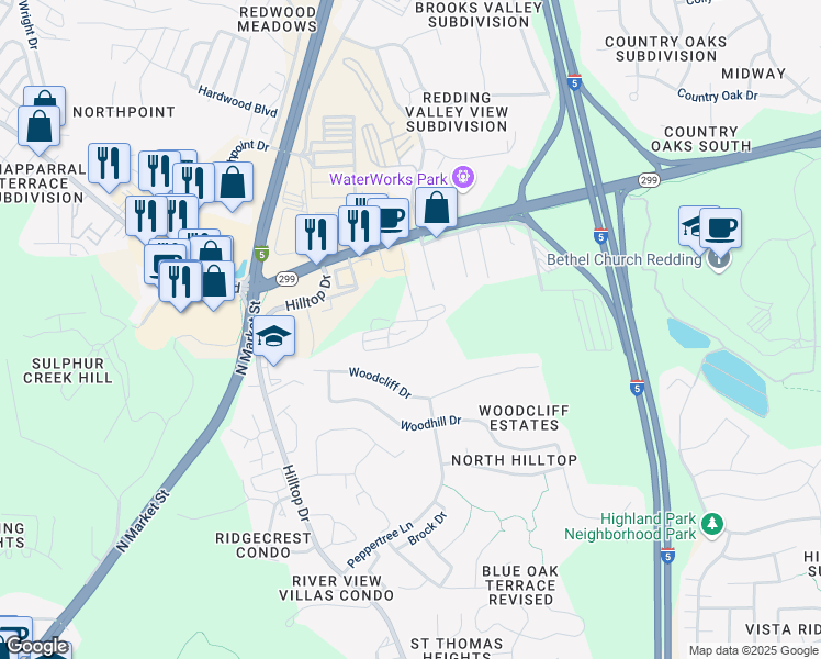 map of restaurants, bars, coffee shops, grocery stores, and more near 88 Erickson Way in Redding
