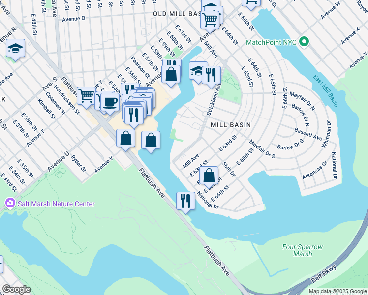 map of restaurants, bars, coffee shops, grocery stores, and more near 5923 Strickland Avenue in Brooklyn