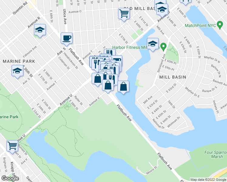 map of restaurants, bars, coffee shops, grocery stores, and more near 2575 Flatbush Avenue in Brooklyn