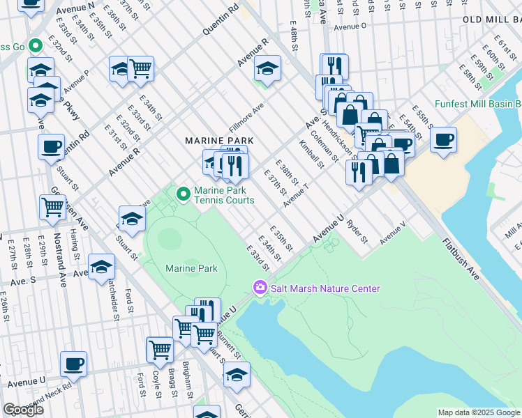 map of restaurants, bars, coffee shops, grocery stores, and more near 2071 East 35th Street in Brooklyn