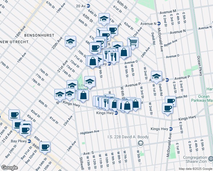 map of restaurants, bars, coffee shops, grocery stores, and more near 177 Avenue P in Brooklyn