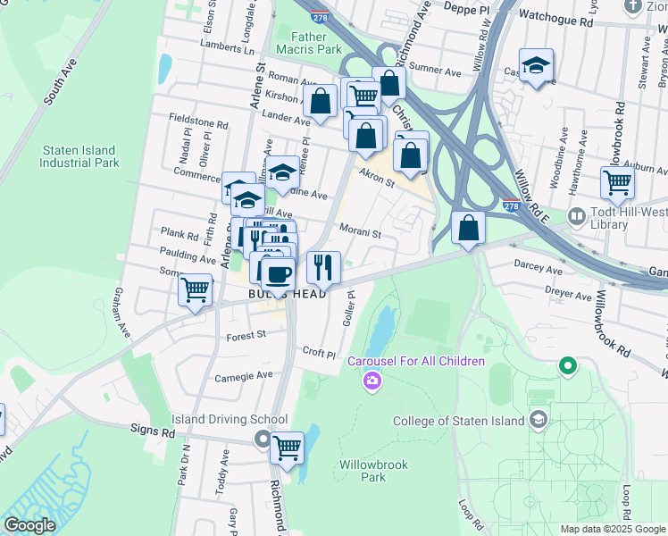 map of restaurants, bars, coffee shops, grocery stores, and more near 74 Gary Court in Staten Island