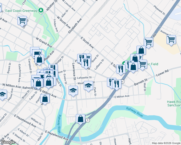 map of restaurants, bars, coffee shops, grocery stores, and more near 365 East Grand Avenue in Rahway