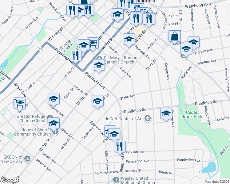 map of restaurants, bars, coffee shops, grocery stores, and more near 601 West 8th Street in Plainfield