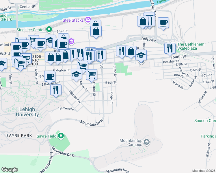 map of restaurants, bars, coffee shops, grocery stores, and more near 619 Ridge Street in Bethlehem