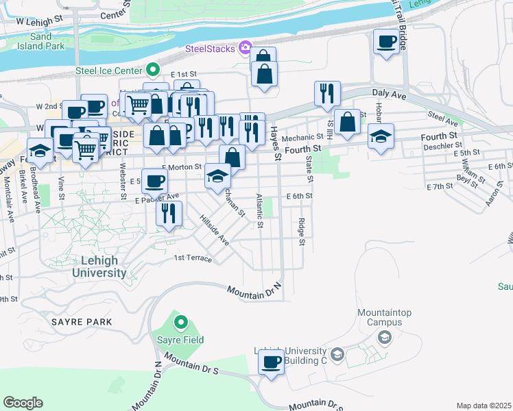 map of restaurants, bars, coffee shops, grocery stores, and more near 614 Atlantic Street in Bethlehem