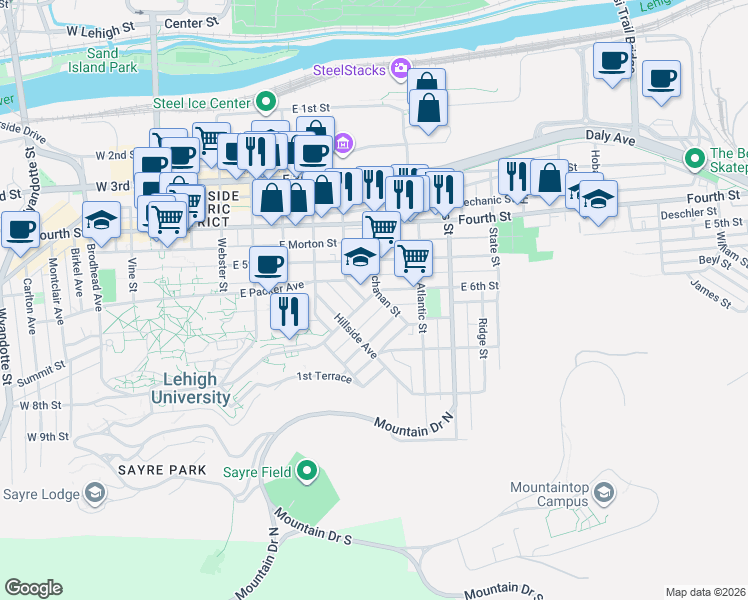 map of restaurants, bars, coffee shops, grocery stores, and more near 612 Buchanan Street in Bethlehem