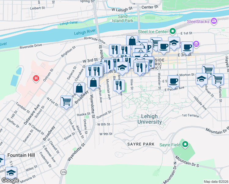 map of restaurants, bars, coffee shops, grocery stores, and more near 471 Montclair Avenue in Bethlehem