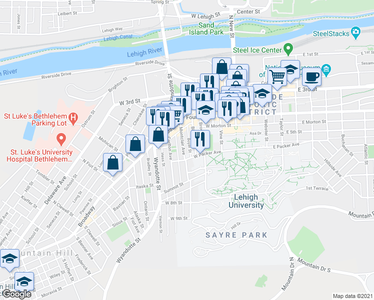 map of restaurants, bars, coffee shops, grocery stores, and more near 471 Montclair Avenue in Bethlehem