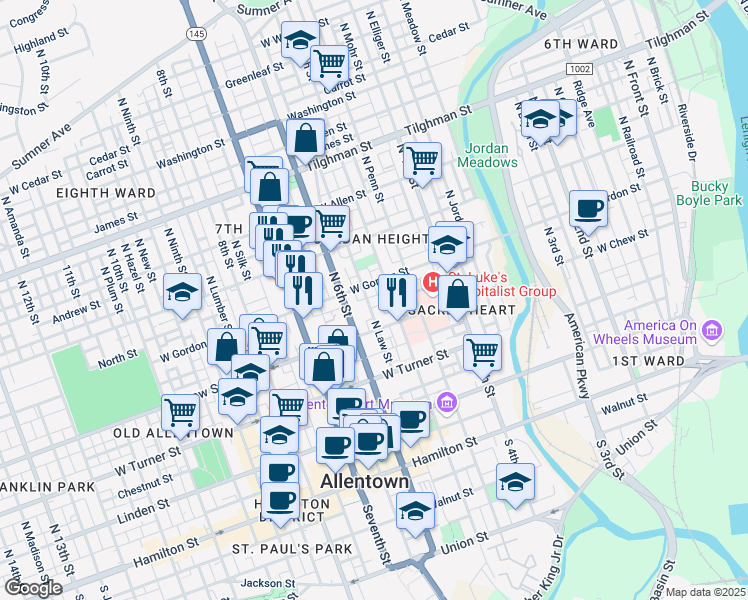 map of restaurants, bars, coffee shops, grocery stores, and more near 323 North Law Street in Allentown