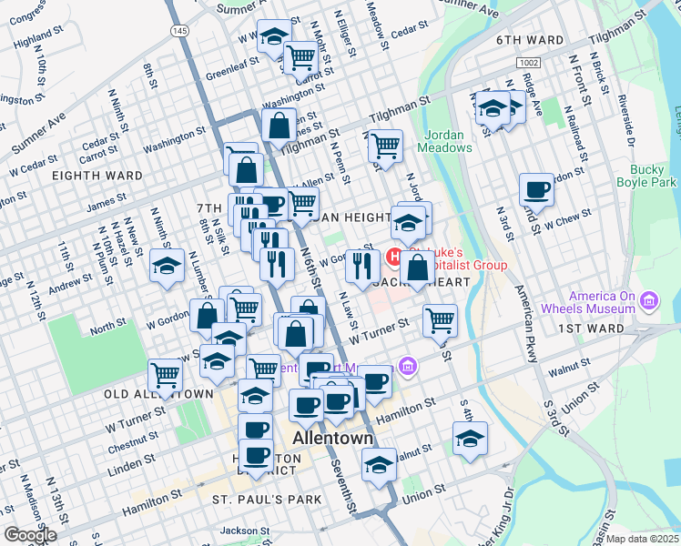 map of restaurants, bars, coffee shops, grocery stores, and more near 323 North Law Street in Allentown