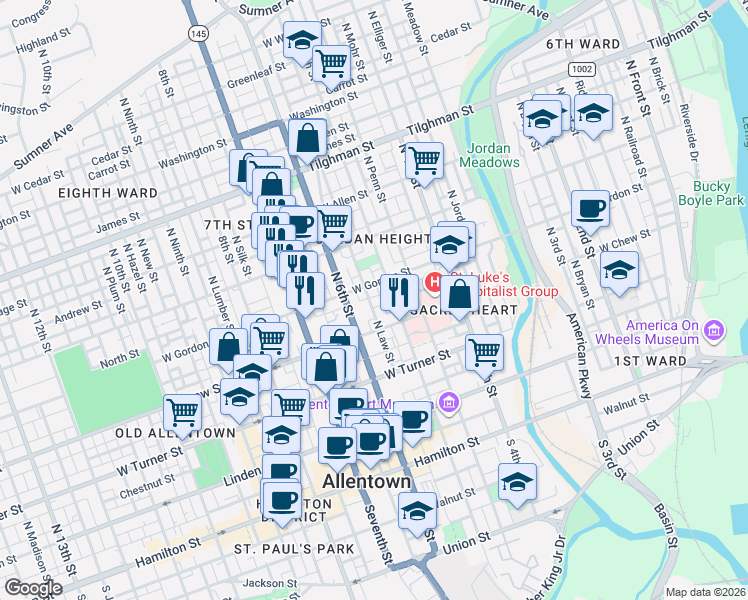 map of restaurants, bars, coffee shops, grocery stores, and more near 323 North Law Street in Allentown