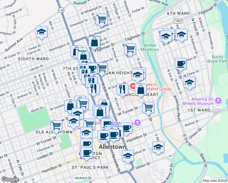 map of restaurants, bars, coffee shops, grocery stores, and more near 323 North Law Street in Allentown