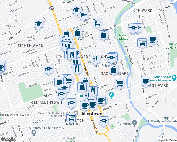 map of restaurants, bars, coffee shops, grocery stores, and more near 338 North 6th Street in Allentown