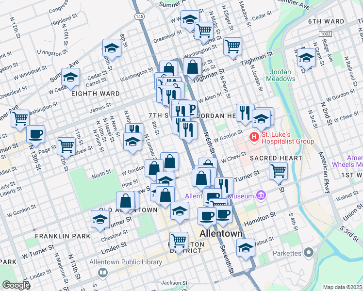 map of restaurants, bars, coffee shops, grocery stores, and more near 415 North Hall Street in Allentown