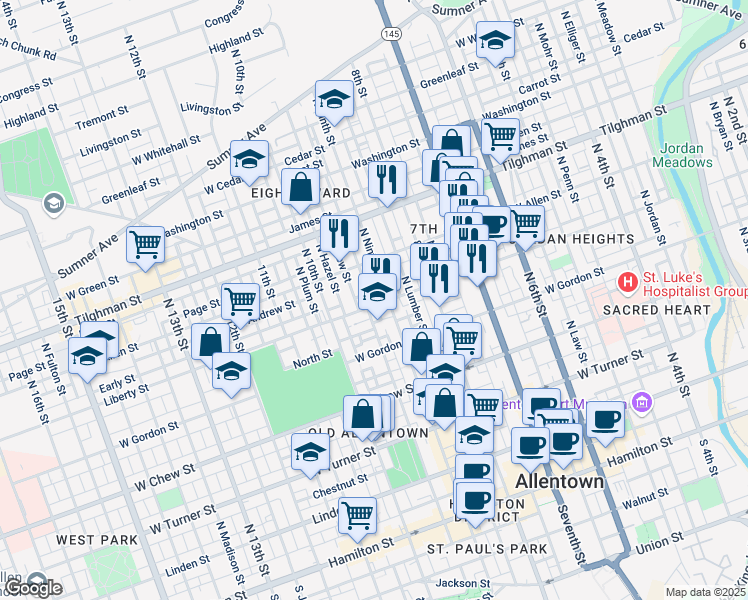 map of restaurants, bars, coffee shops, grocery stores, and more near 929 Liberty Street in Allentown
