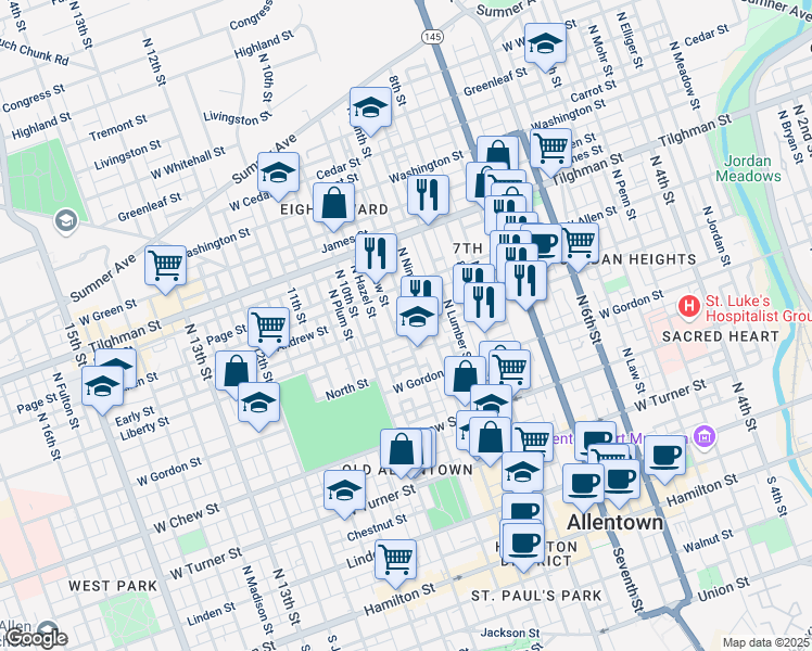 map of restaurants, bars, coffee shops, grocery stores, and more near 929 Liberty Street in Allentown