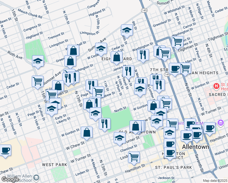 map of restaurants, bars, coffee shops, grocery stores, and more near 530 North Howard Street in Allentown