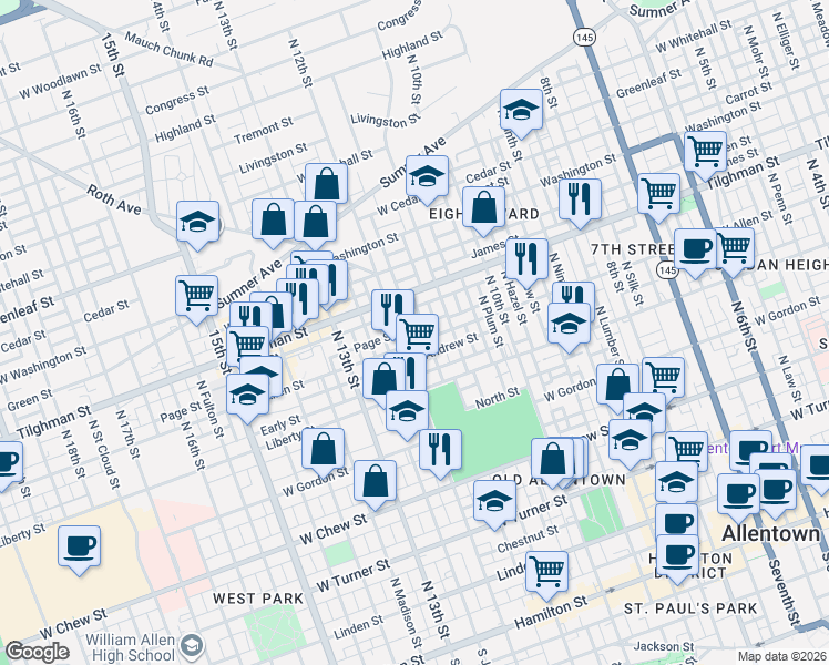 map of restaurants, bars, coffee shops, grocery stores, and more near in Allentown