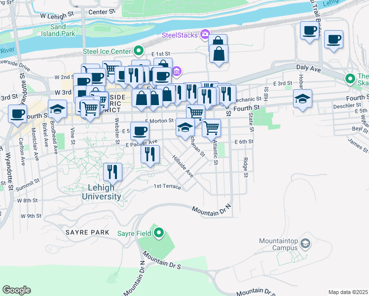 map of restaurants, bars, coffee shops, grocery stores, and more near 630 Pierce Street in Bethlehem