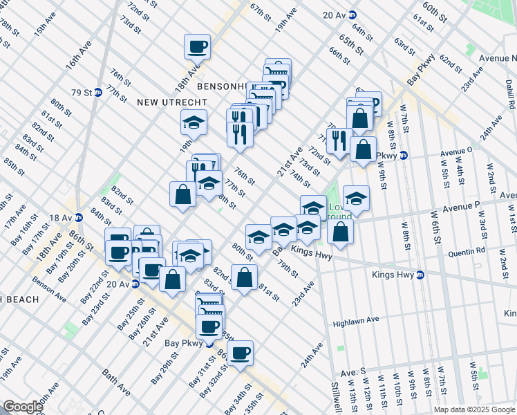 map of restaurants, bars, coffee shops, grocery stores, and more near 2110 77th Street in Brooklyn