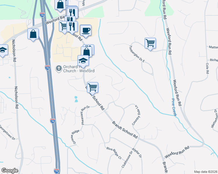 map of restaurants, bars, coffee shops, grocery stores, and more near 2554 Shellburne Drive in Wexford
