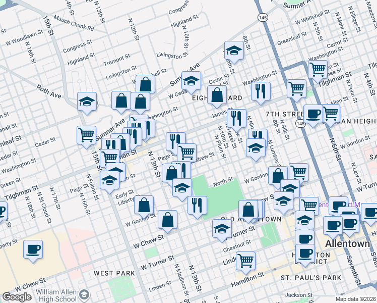 map of restaurants, bars, coffee shops, grocery stores, and more near in Allentown