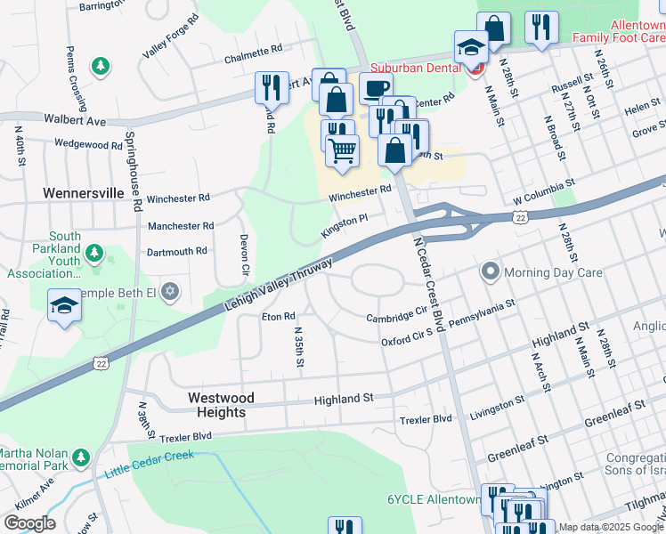 map of restaurants, bars, coffee shops, grocery stores, and more near 3407 Edinburgh Road in Allentown