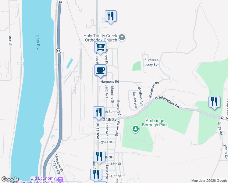 map of restaurants, bars, coffee shops, grocery stores, and more near 2617 Manning Street in Ambridge