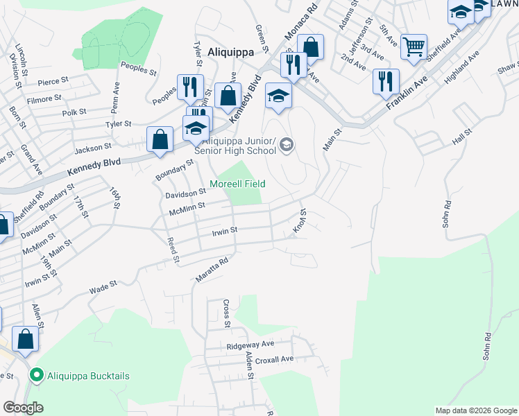 map of restaurants, bars, coffee shops, grocery stores, and more near 1109 Main Street in Aliquippa