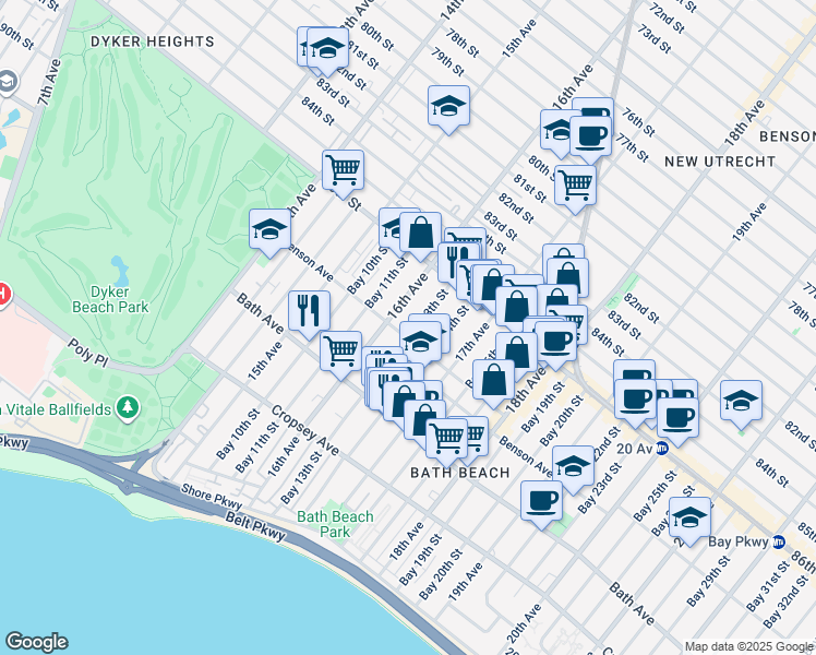 map of restaurants, bars, coffee shops, grocery stores, and more near 78 Bay 13th Street in Brooklyn