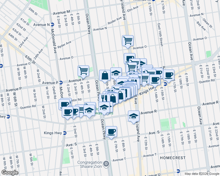 map of restaurants, bars, coffee shops, grocery stores, and more near 1668 East 8th Street in Brooklyn